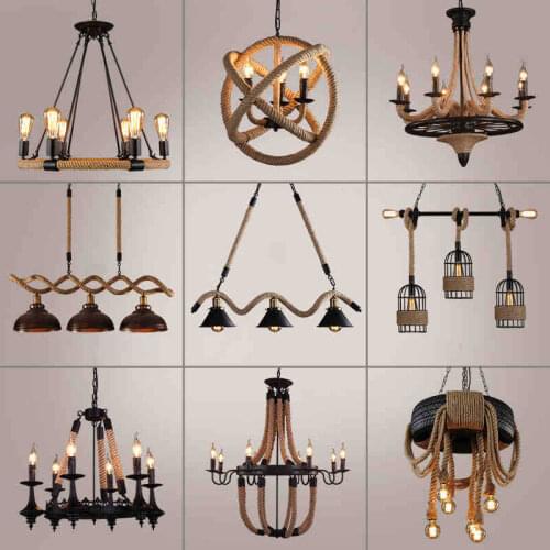 Vintage American Country Style Hemp Rope Chain Pendant Light with Black Painted Iron Edison Bulbs for Club Bar Loft