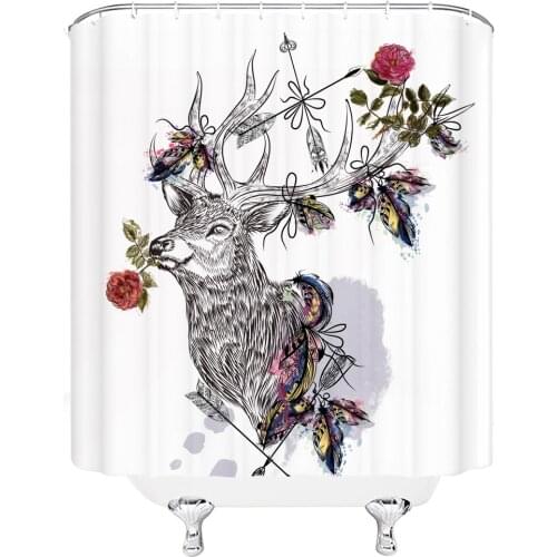 Animal Elk Shower Curtains Hand Painted Flowers Butterfly Beautiful Antlers Bathroom Decor Waterproof Cloth Curtain Set Cheap