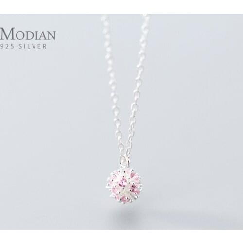 Modian Genuine 925 Sterling Silver Round Design Pink CZ Necklace Pendant for Women Chain Necklaces Pearl Jewelry Collar