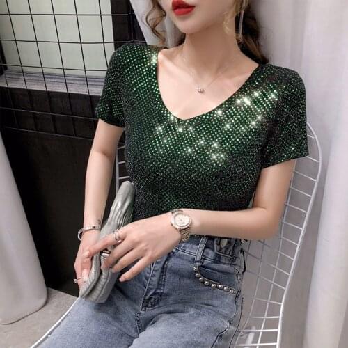 Plus Size V Neck Woman Tshirt Top Summer Clothes Streetwear Sequined Bling Bodycon Ladies T Shirt Casual Short Sleeve Tees Shirt