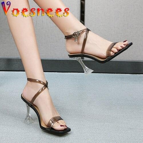 Transparent One Word Band Women Sandals Sexy PVC Entire Hyaline Cross Buckle High Heels 2021 New Summer Nightclub Dance Shoes
