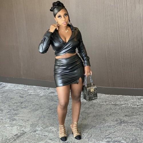 PU Faux Leather Two Piece Skirt Sets for Women Cleavage Side Cut Out Long Sleeve Crop Top and Split Sheath Shirt Autumn Winter