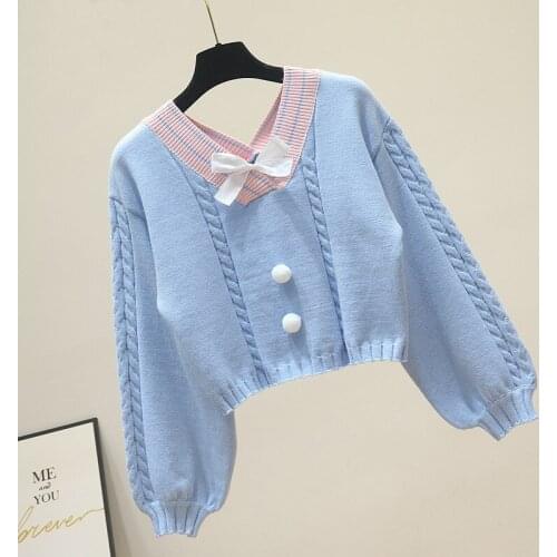 2021Korean Style blue Pink Knitted Sweater Women Sweetcute V Neck with Bow Vintage Pullover Femme Long Sleeve Knitwear Crop Top