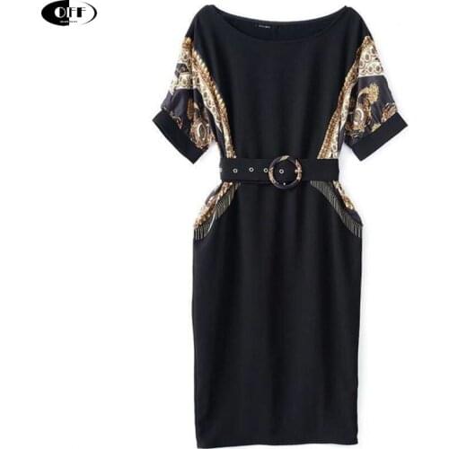 Ladies Black midi Dress summer women vintage printed short Sleeve Loose plus size Womens Office casual Dresses belt robe