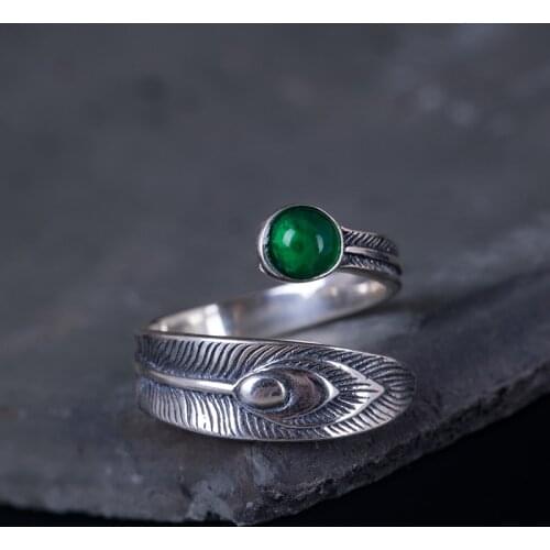 VLA 925 Silver Retro Black Feather Ring Womens Fashion Personality Green Chalcedony Peacock Feather Ring Elegant Temperament