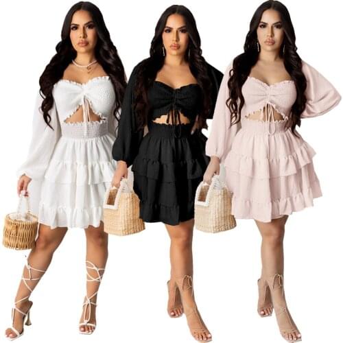 Echoine Solid Puff Long Sleeve Strapless Mini Dress for Women Stretch Off Shoulder Sexy Hollow Out Elegant Vintage White Dresses