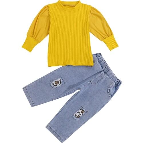 2021 1-6Years Toddler Baby Girls 2Pcs Fall Outfits Fashion Long Puff Sleeve Rib Knit Tops Patchwork Denim Pants Set