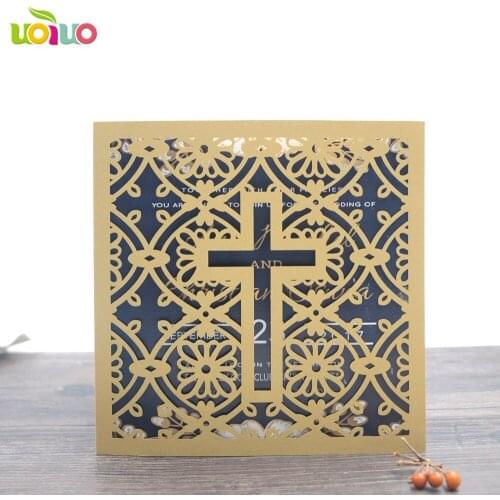 2017 hot sell golden color baby baptism cross design invitation cards with insert and envelop christine wedding invitation cards