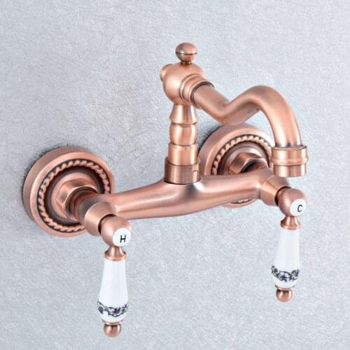 Antique Red Copper Dual Handles Bathroom Kitchen Sink Faucets Wall Mounted Swivel Spout Two Holes Kitchen Mixer Taps Nsf891