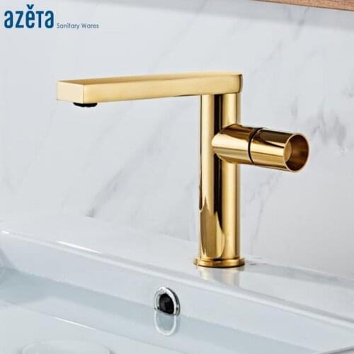 Azeta New Design Bathroom Faucet Gold Brass Basin Mixer Tap Single Handle Basin Sink Tap Hot and Cold Water Basin Faucet AT7306G