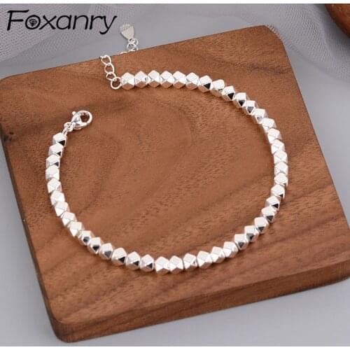 FOXANRY 925 Sterling Silver Couples Bracelets String of Beads Accessories Fashion Vintage Simple Glossy Geometric Party Jewelry