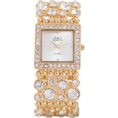 G&D Luxury Brand Womens Bracelet Watches Gold Rhinestone Jewelry Ladys Dress Watch Stainless Steel Band Relogio Feminino Clock