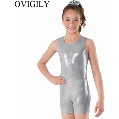 OVIGILY Child Silver Metallic Tank Biketards Girls Spandex Sleeveless Gymnastics Short Unitards Shiny Dance Leotards Shortall