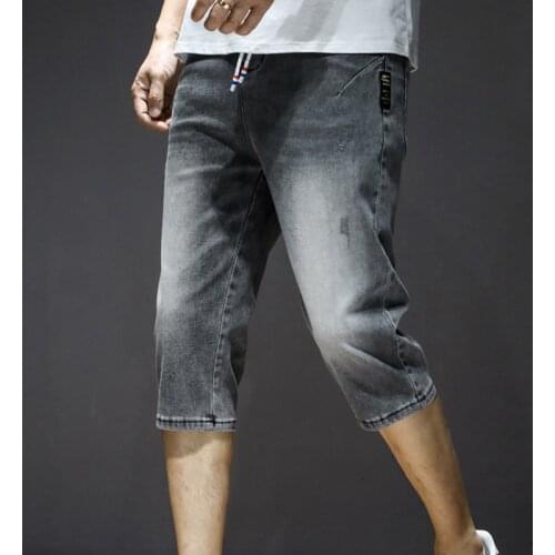 Summer Mens Denim Pants Shorts Quality Calf-Length Jeans Man Cotton Solid Straight Short Jean Grey Blue Casual Drawstring Jeans