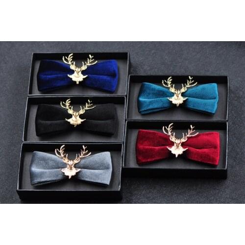 Golden Deer Head and Antlers Handmade Bow Tie Mens Groom Host Suit Accessories Male Wedding Jewelry Velvet Bowtie (No Boxes)