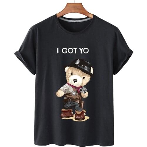 Cowboy With Gun Bear Print Cotton Short-sleeved O-neck Loose Casual Top T-shirt Female Oversized T-shirt For Men And Women S-3XL