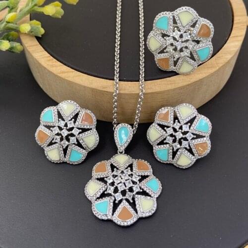 Lanyika Fashion Jewelry Set Artistic Snowflake Drip Oil Zirconia Inlay Necklace with Earring and Ring for Women Party Best Gift