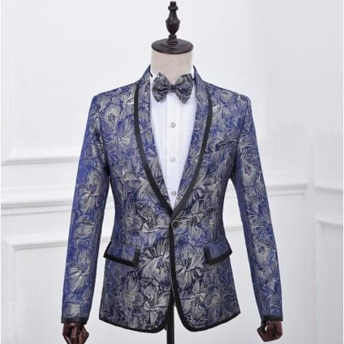 Singer dance stage slim clothing for men print suit set with pants mens wedding suits costume groom formal dress tie england
