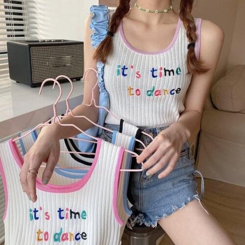 Embroideried Letters Knit Crop Tops Tshirts Summer Womens Patchwork Round Collar Camisole Sleeveless Cropped Tees Girls