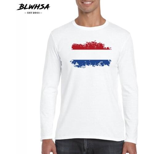 BLWHSA Fashion Netherlands Flag Nostalgic Design Cotton t shirt Men Long Sleeve O-neck Leisure Netherlands Fans Cheer T-shirt