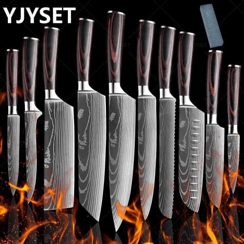 Chef knife 1-10 Pcs Set Kitchen Knives Laser Damascus Pattern Sharp Japanese Santoku Knife Cleaver Slicing Utility Knife Set