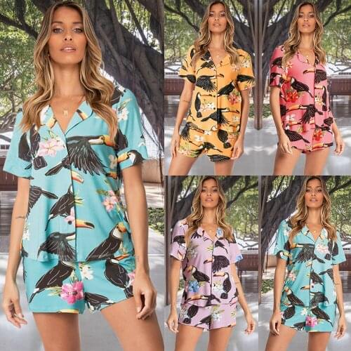 2021 Summer New Womens Fashion Casual Suit Short-sleeved Printing Lapel Shirt Shorts Pajamas 2 Piece Sets Sexy Lady Underwear
