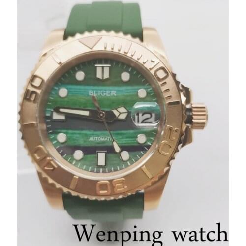 New 40mm Rose Gold Automatic Men Sapphire glass Watch NH35A Movement Rainbow Dial Date Magnifier Rubber Strap Screwdown Crown