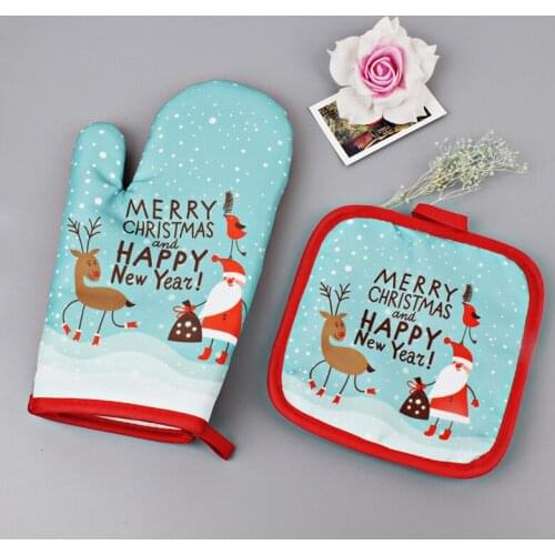 One Pair Christmas Cartoon Pattern Microwave Gloves Mitts Kitchen Potholder Mat For BBQ Insulation Gloves Hot Oven Mitts Baking