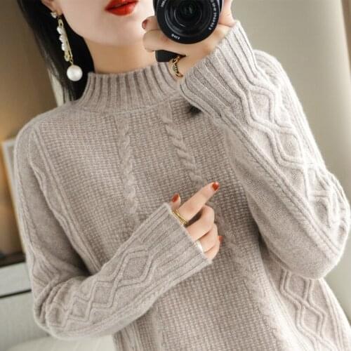 Autumn and winter new cashmere sweater womens half high neck solid color thread twist thickened Pullover Sweater wool knitted