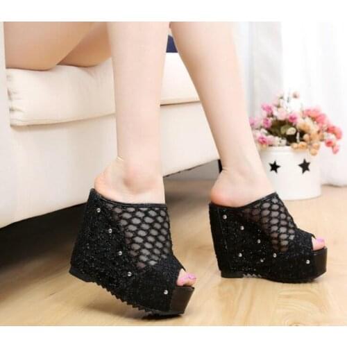 Summer Net yarn High heels Women Wedges Sandals tongs slippers Platform Female Lace Increase mujer Shoes feminina chaussures