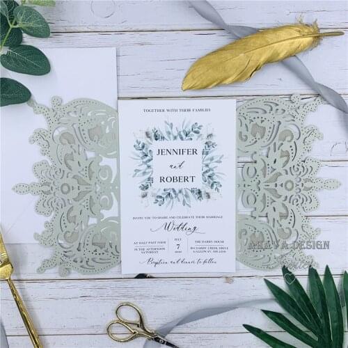 Silver Laser Cut Warp with Green Floral on Invitations, Personalized Invites