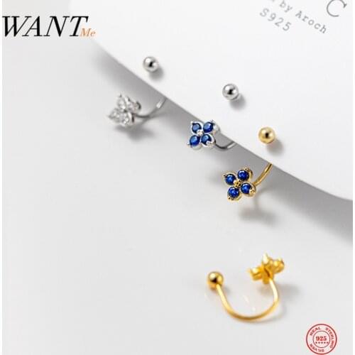 WANTME 925 Sterling Silver Korean Hook Piercing Small Zircon Four leaf Clover Stud Earring for Women Party Charm Jewelry Gift