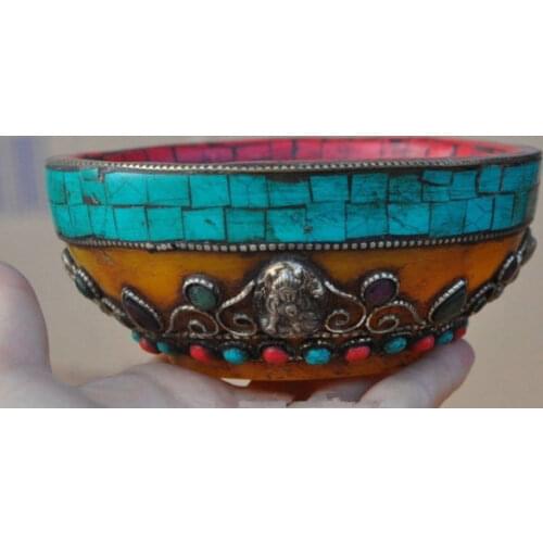 Old tibet Beeswax silver Mosaic Turquoise Tara KwanYin GuanYin statue bowl cup