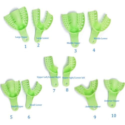 10Pcs/set Dental Plastic Impression Tray Impression Autoclavable Green Plastic Materials Dental Impression Trays Metal Mesh