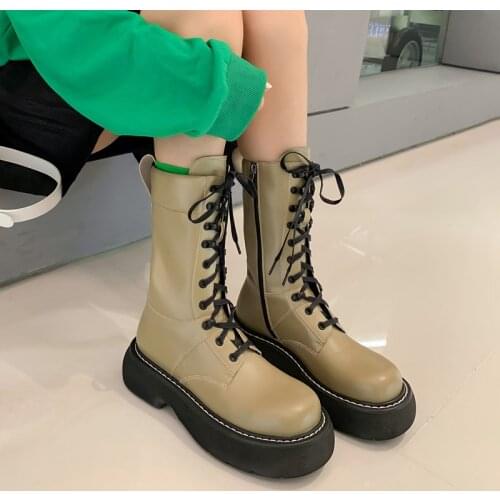 Martin Boots Women 2021 Autumn Winter Mid Tube Chelsea Boots Genuine Leather Lace-up Flat Platform Motorcycle Boots Botas Mujer