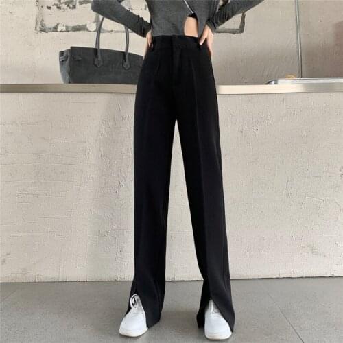2021 Autumn Women Floor-Length Black Suits Pants Casual Loose Wide Leg Pants Female High Waist Lady Split Trousers New 16398
