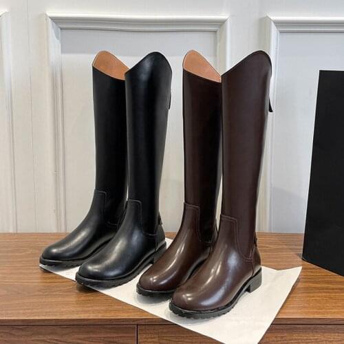 2021 Autumn Boots Woman High Knee Botas Winter Solid PU Leather Brown Motorcycle Shoes Flat Heels Punk Rubber High Boots Women