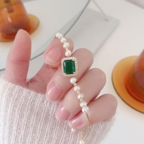 2021 New Arrival 14K Real Gold Square Green Zircon Charm Bracelets for Women Elegant Freshwater Pearl Bangle Bracelets