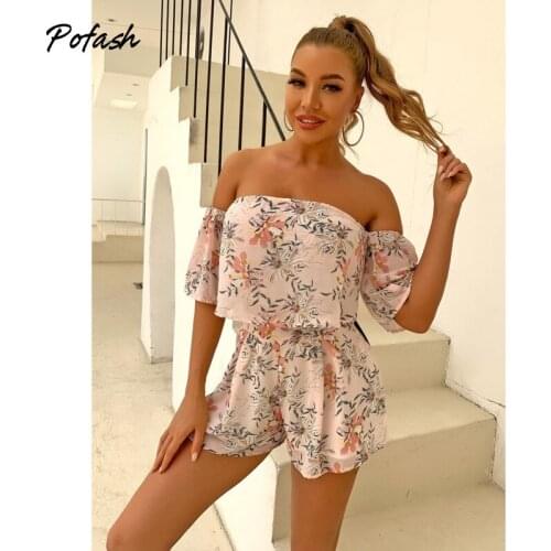 Pofash Floral Print Loose 2 Pieces Sets Women Backless Off Shoulder Crop Tops And Shorts 2021 Summer Ruffle Two Piece Outfits