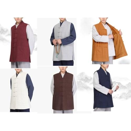 Unisex winter warm cotton&linen zen lay meditation vest suits shaolin monk kung fu suits buddha buddhist clothing yellow/gray
