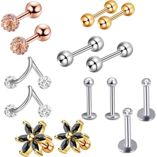 10 Set Stainless Steel 16G Nose Rings Tragus Helix Cartilage Earrings Spiral Twisted Barbell Lip Piercing Labret Rings 140pcs