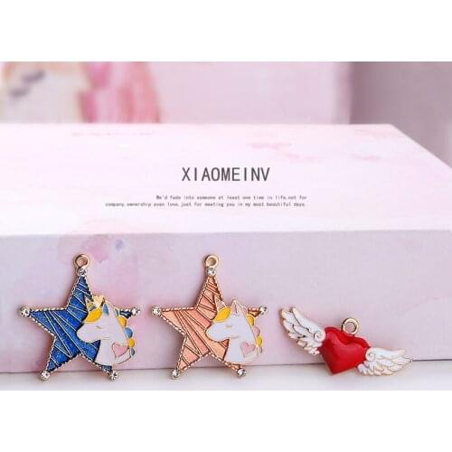 10PCS Stars Unicorn Heart Wings Enamel Charms Pendants DIY Necklace Bracelet Earrings Floating Jewelry Accessory Golden Base