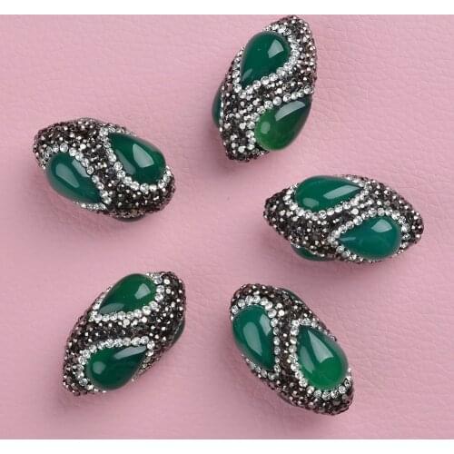 3PCS 22x35mm Olivary Green Agate Beads Trimmed With Crystal Zircon