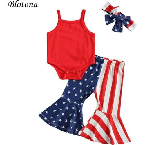 Blotona 3Pcs Baby Independence Day Outfit Solid Color Spaghetti Straps Romper +Star Striped Flared Trousers for Girls 0-18Months