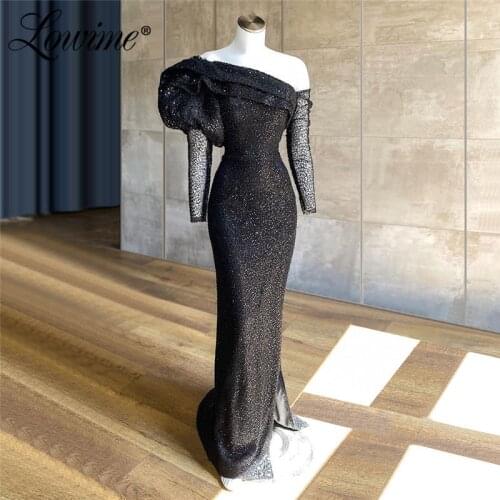 2020 Off The Shoulder Arabic Black Evening Dresses Mermaid Prom Dresses Cheap Pageant Gowns Dubai Long Sleeves Party Dress Robes