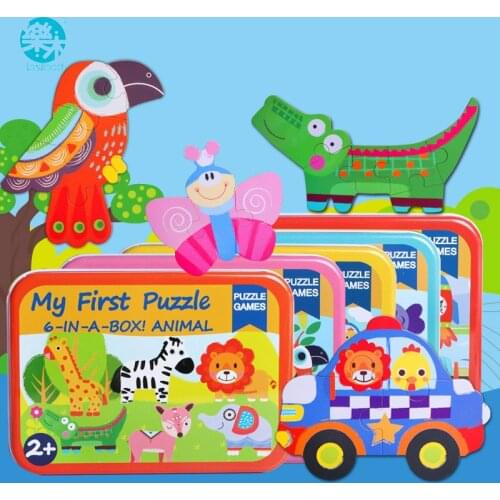 Logwood Wooden Toy Wooden Puzzle 6 in 1 Box Cartoon Animal 3D Puzzle Toy Montessori Childrens Education Toys Gift for Children