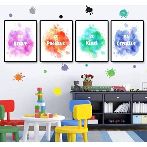 BE BRAVE BE CREATIVE Watercolor English Inspirational Canvas Painting Positive Energetic Printing Childrens Room Classroom