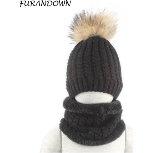 Winter Fleece Inside Hat and Snood For Children 100% Real Fur Pompom Hat and Scarf Set Boys Girls Cap