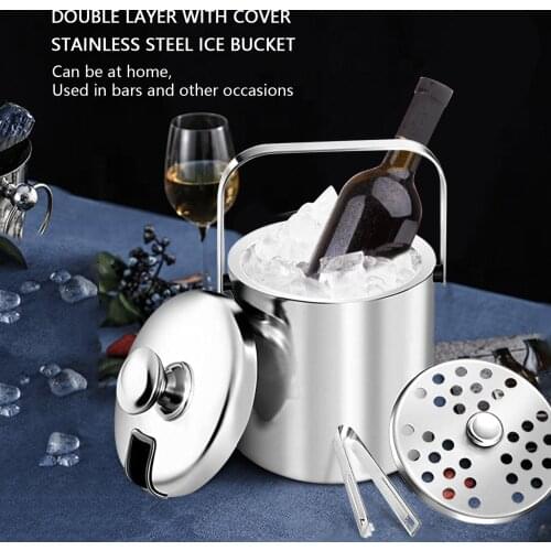 Double-wall Chilling Ice Bucket Ice Bucket With Lid Ice Bucket Wine Cooler Stainless Steel Freezer With Lid Tong Handle Coolers