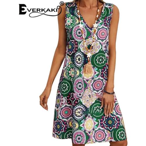 Everkaki Retro Ethnic Print Mini Dresses Women Summer Beach Boho Plus Size Gypsy Green Short Dress Sundress Female 2021 Vestidos